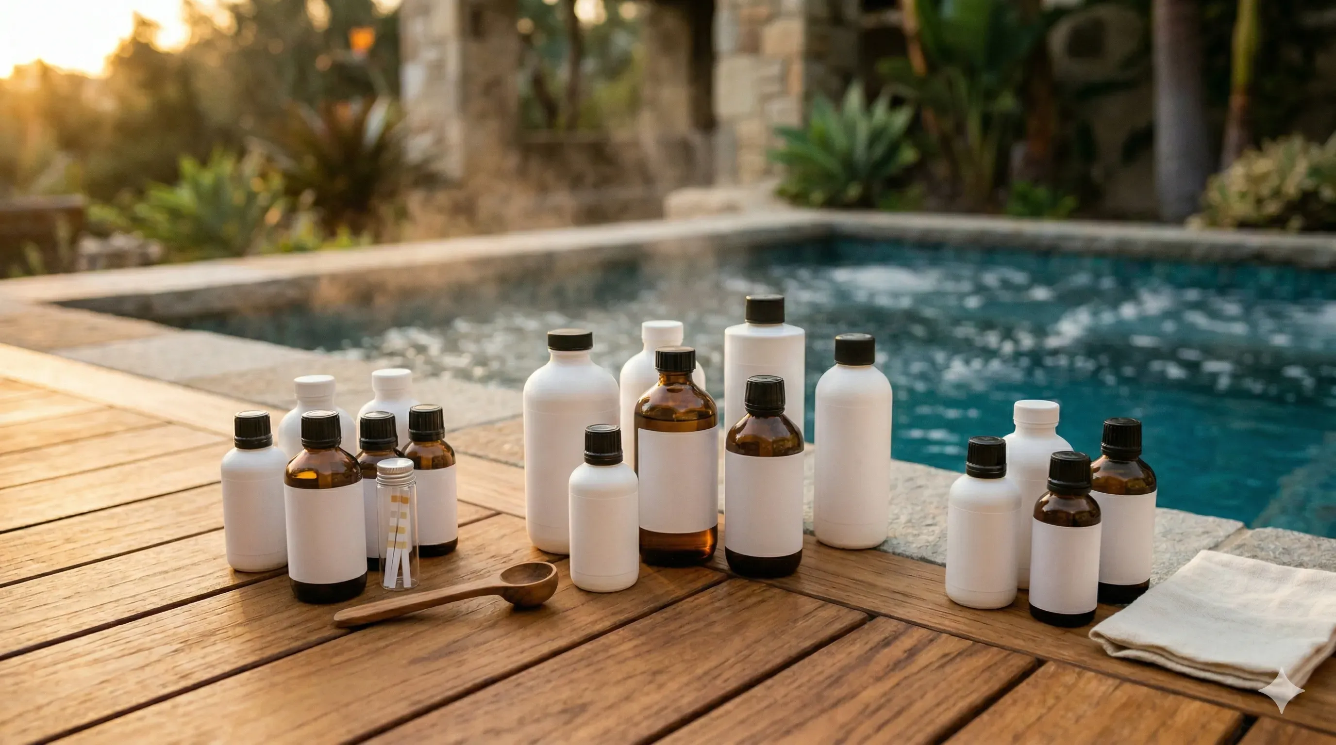 Neatly arranged hot tub chemical bottles and test strips on a warm wood surface