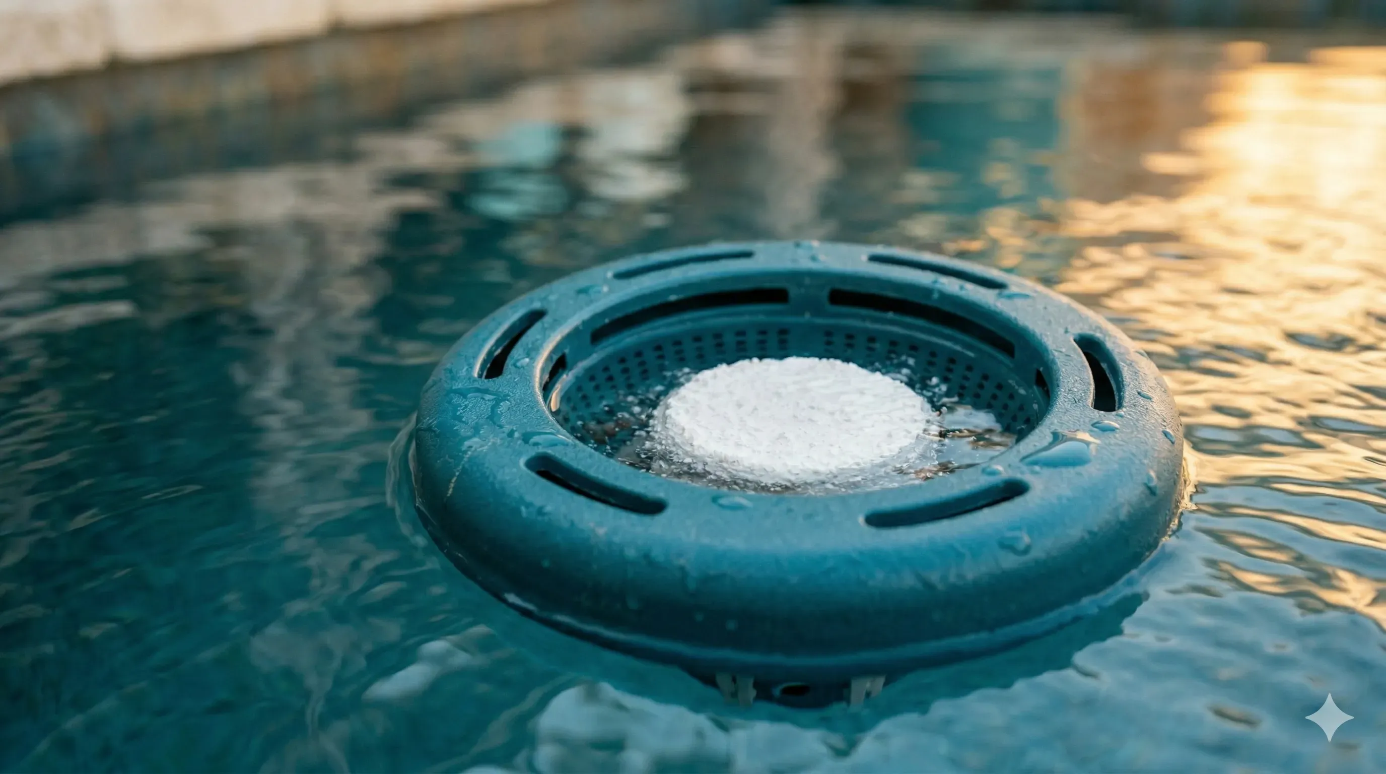 Bromine tablet floater sitting in a hot tub with undissolved tablets