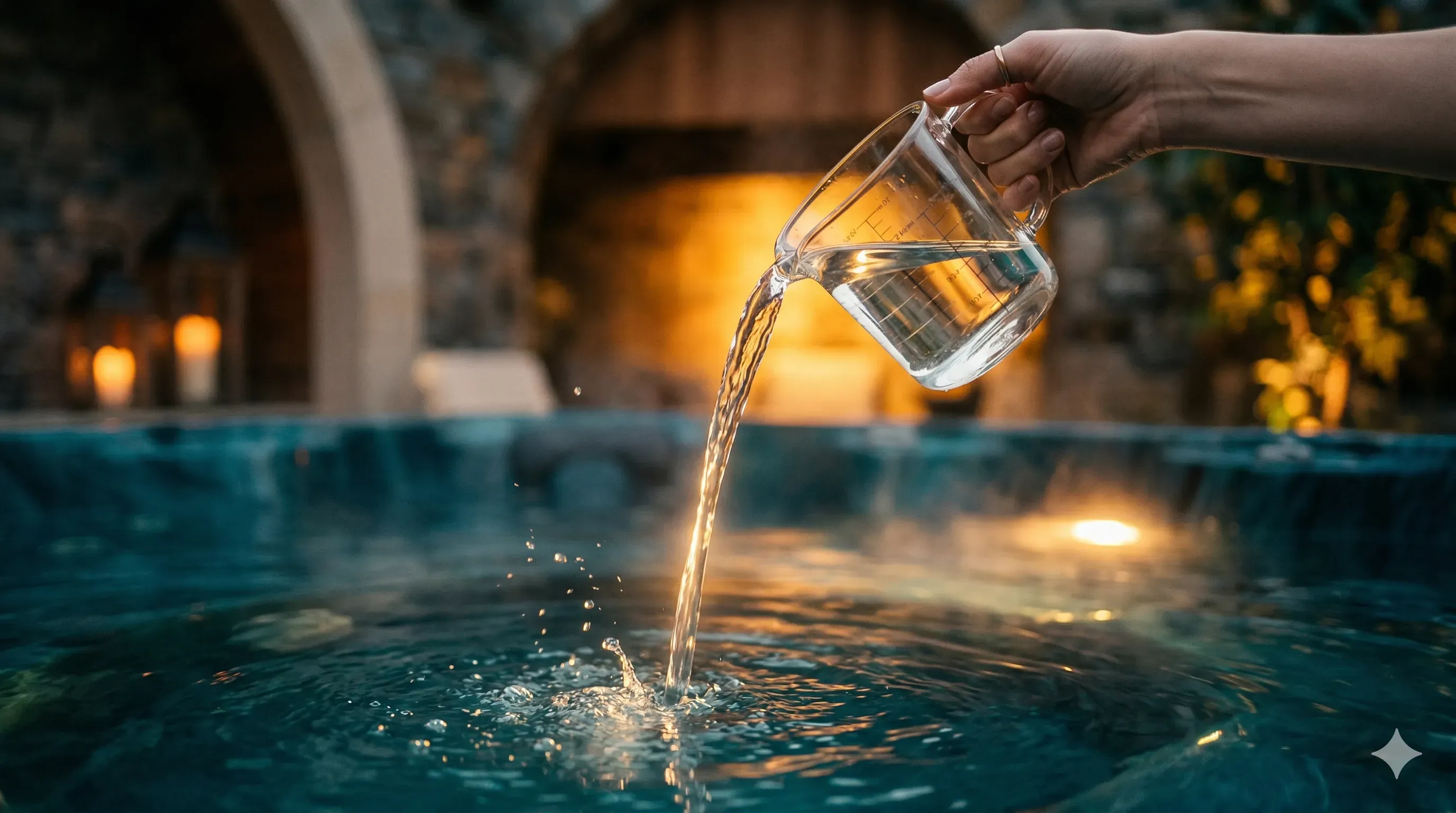Measuring cup of bleach next to a hot tub with clear water