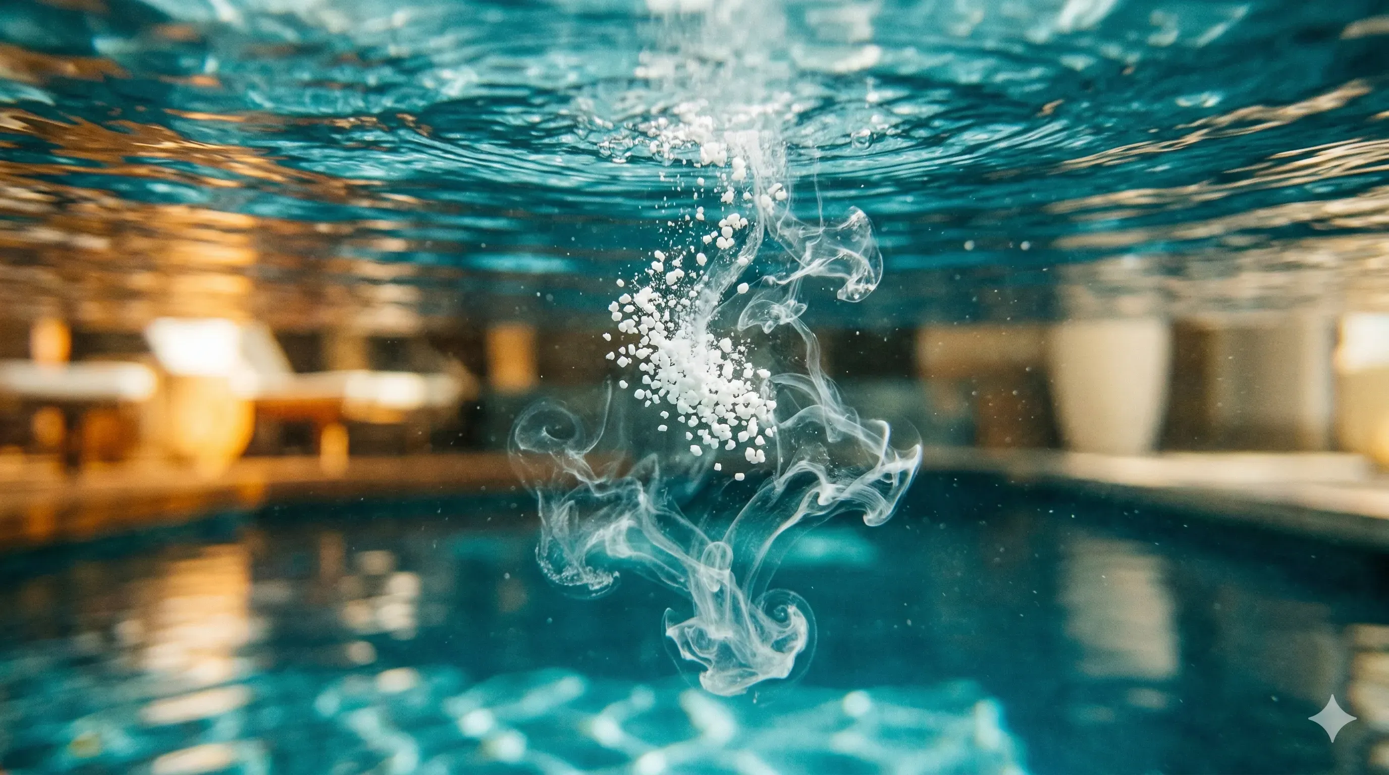 Chlorine granules dissolving in clear blue hot tub water with caustic light patterns