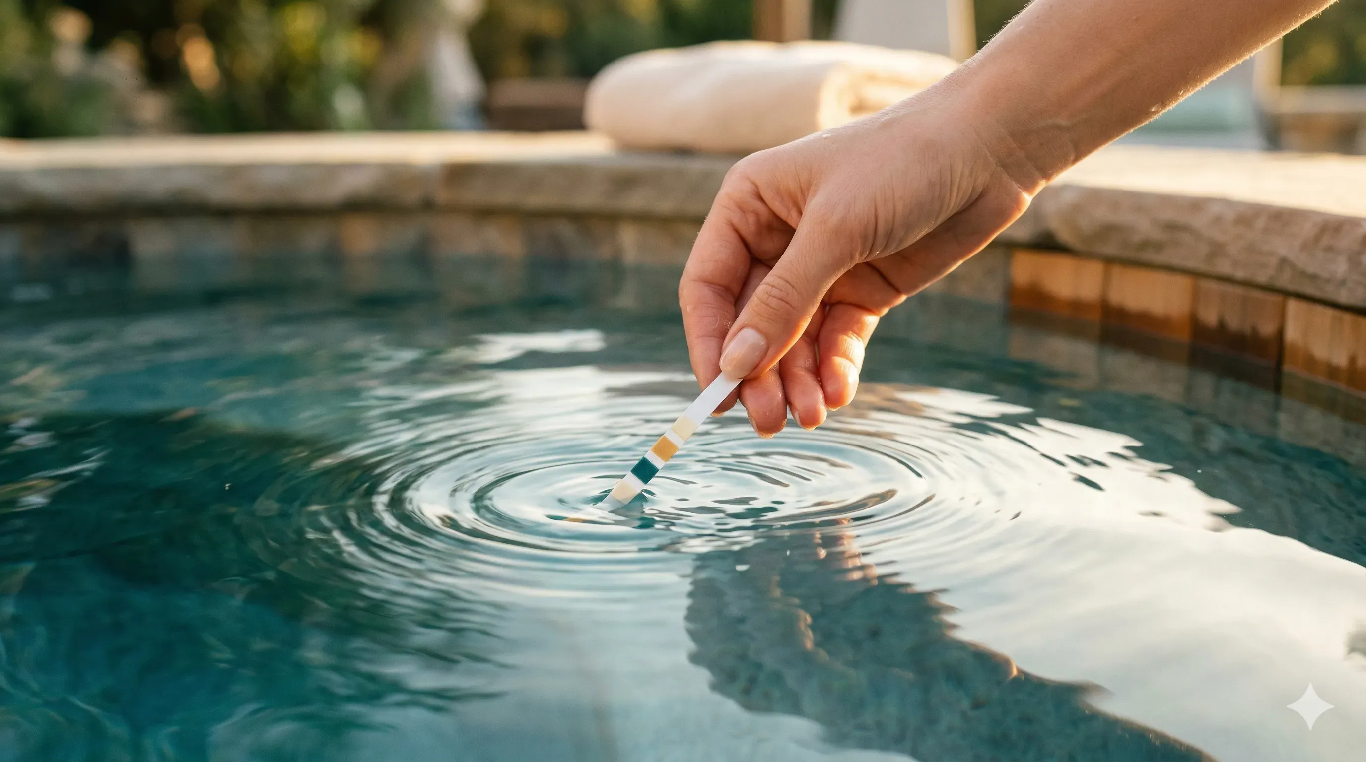 Hand dipping a test strip into crystal clear hot tub water with golden afternoon light