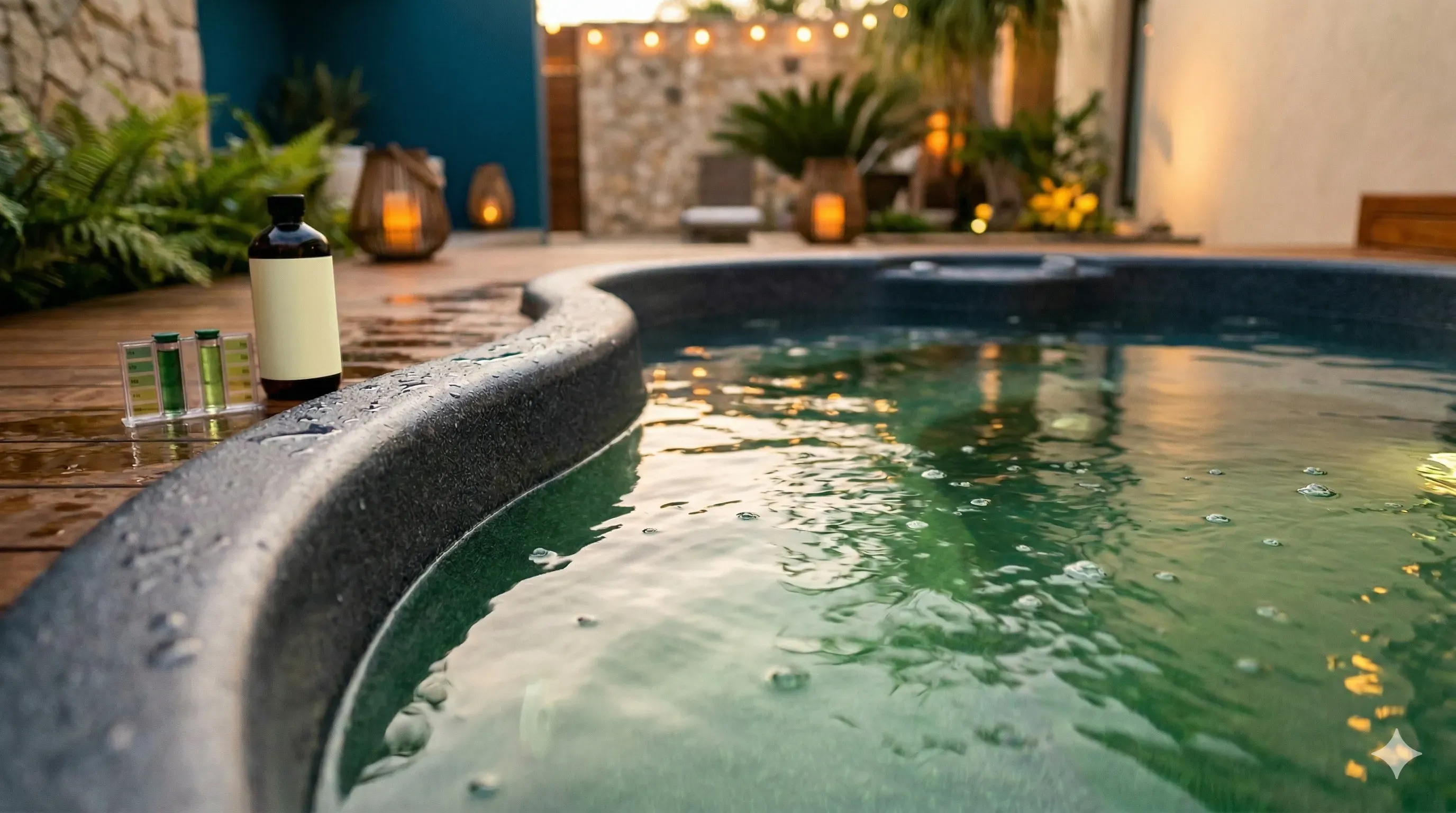 Hot tub water with a slight green tint under warm lighting