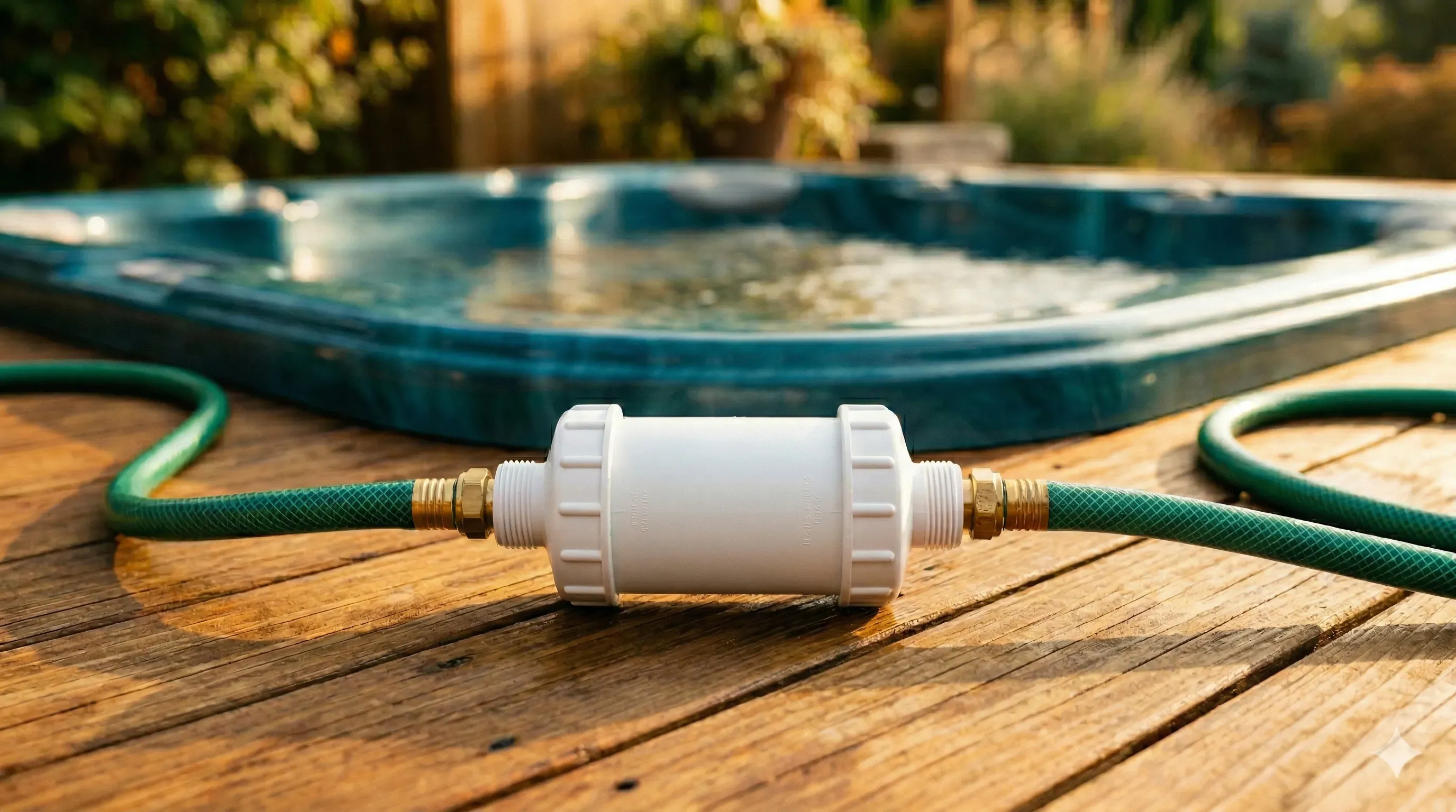 Garden hose with pre-filter attached filling a hot tub