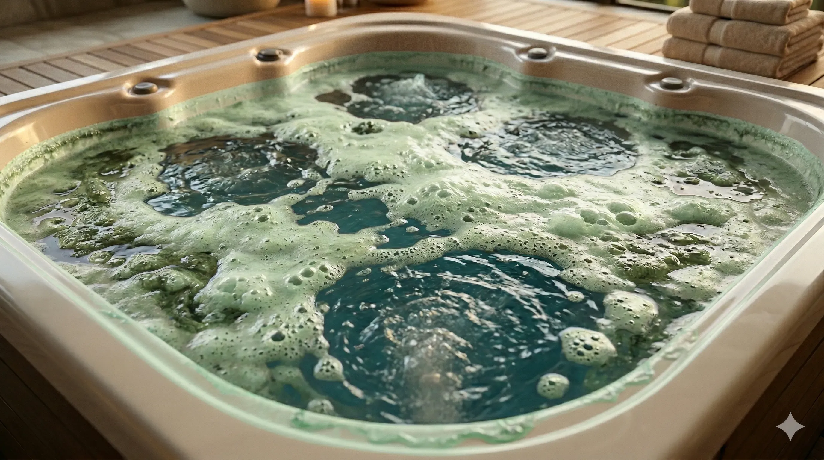 Thick amber-brown biofilm foam and sticky residue floating on hot tub water during a plumbing purge