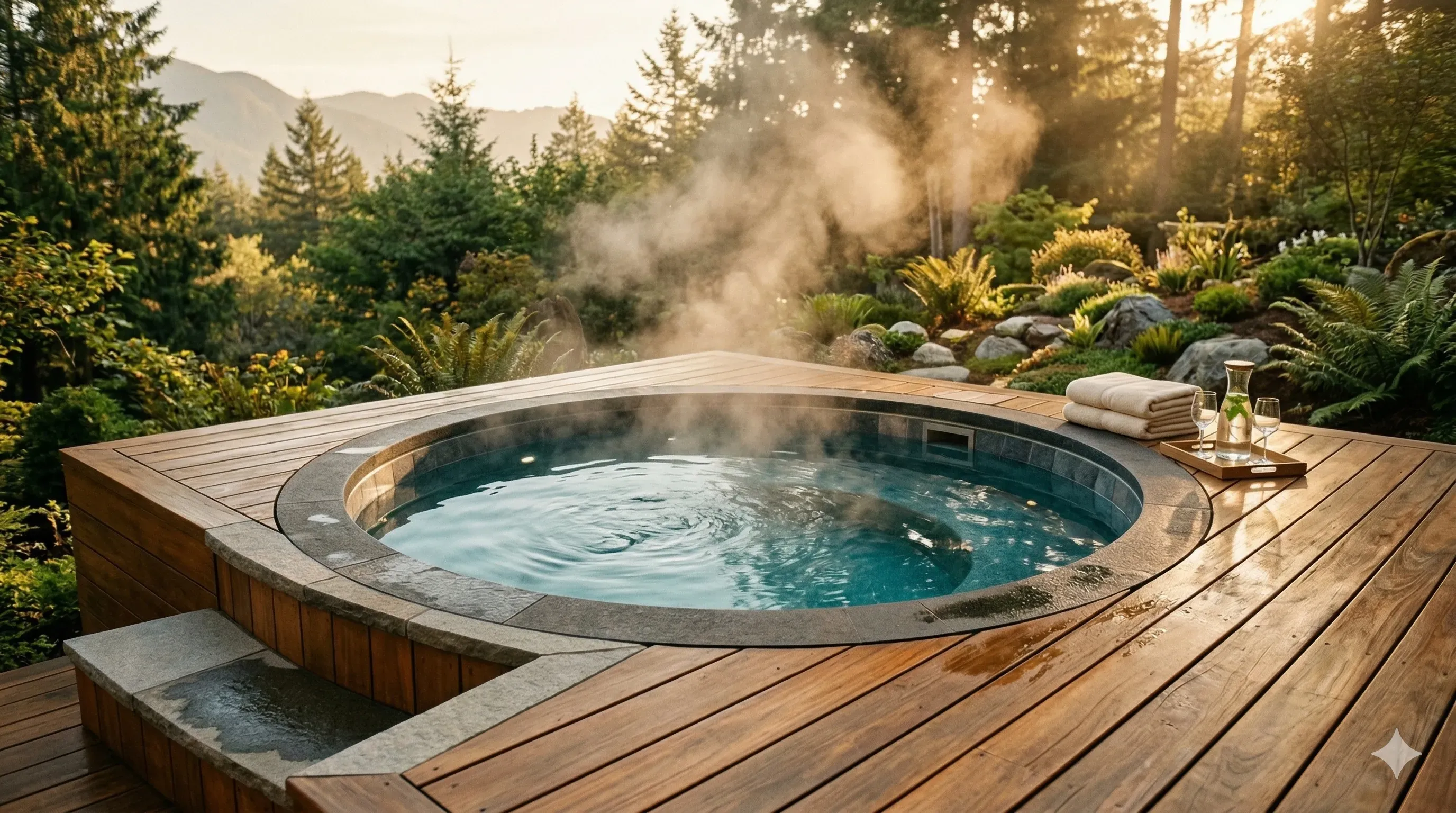 Warm sunlight falling across clear hot tub water with steam rising gently