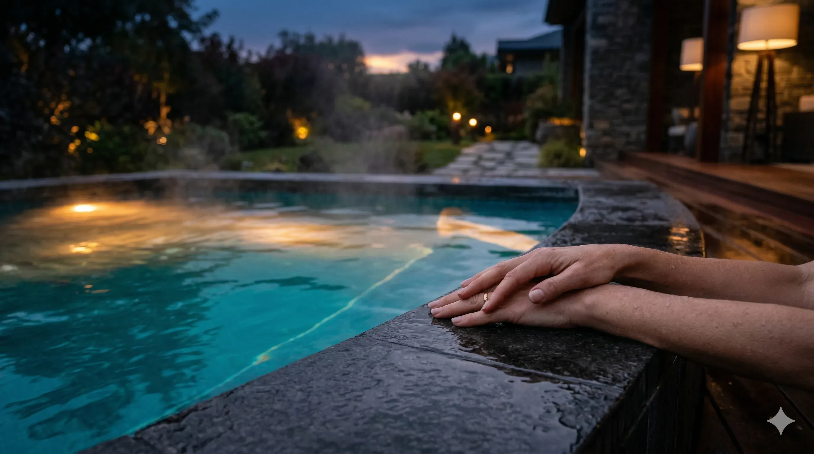 Relaxed hands resting on the edge of a steaming hot tub at dusk with warm amber light