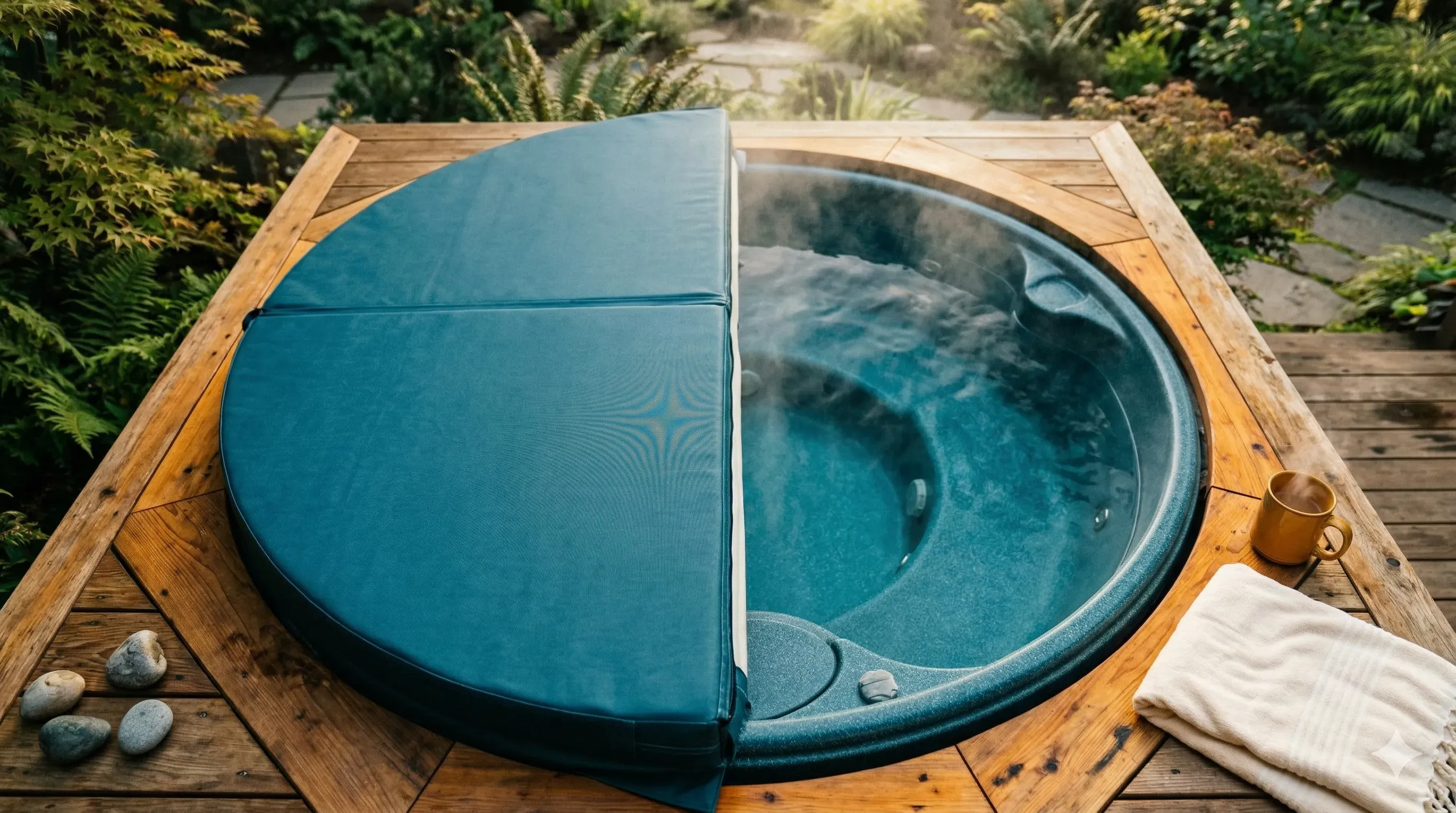 Test strip showing zero chlorine reading next to a hot tub