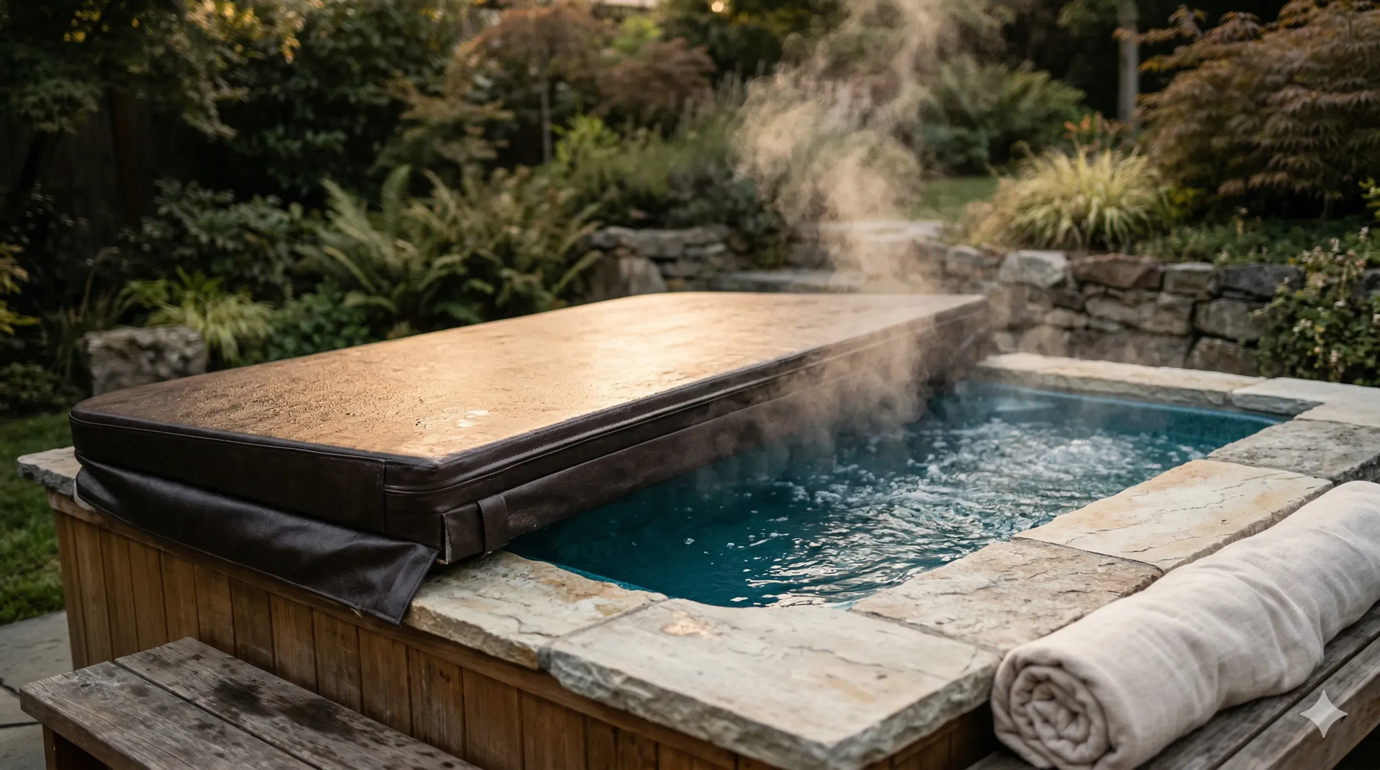 Hot tub cover being cleaned with a soft cloth and protectant spray