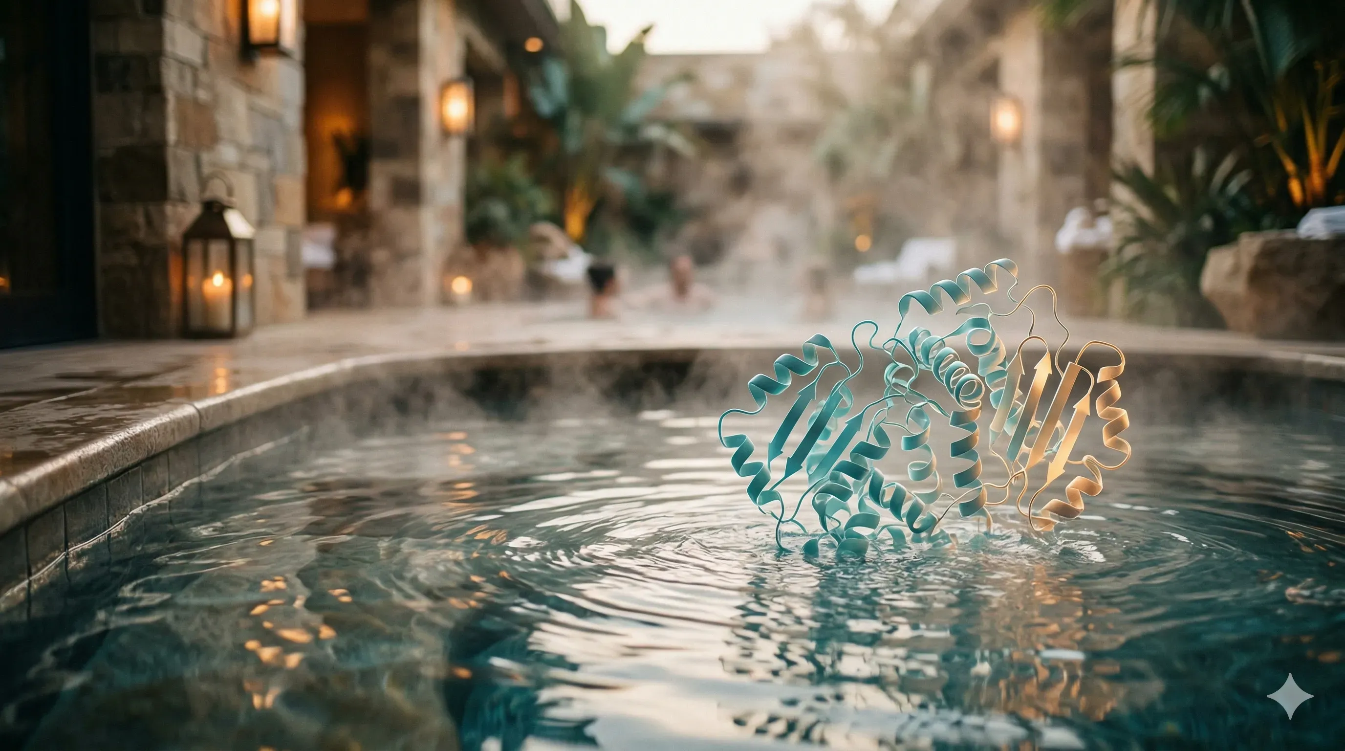 Clear hot tub water with enzyme product bottle on the edge