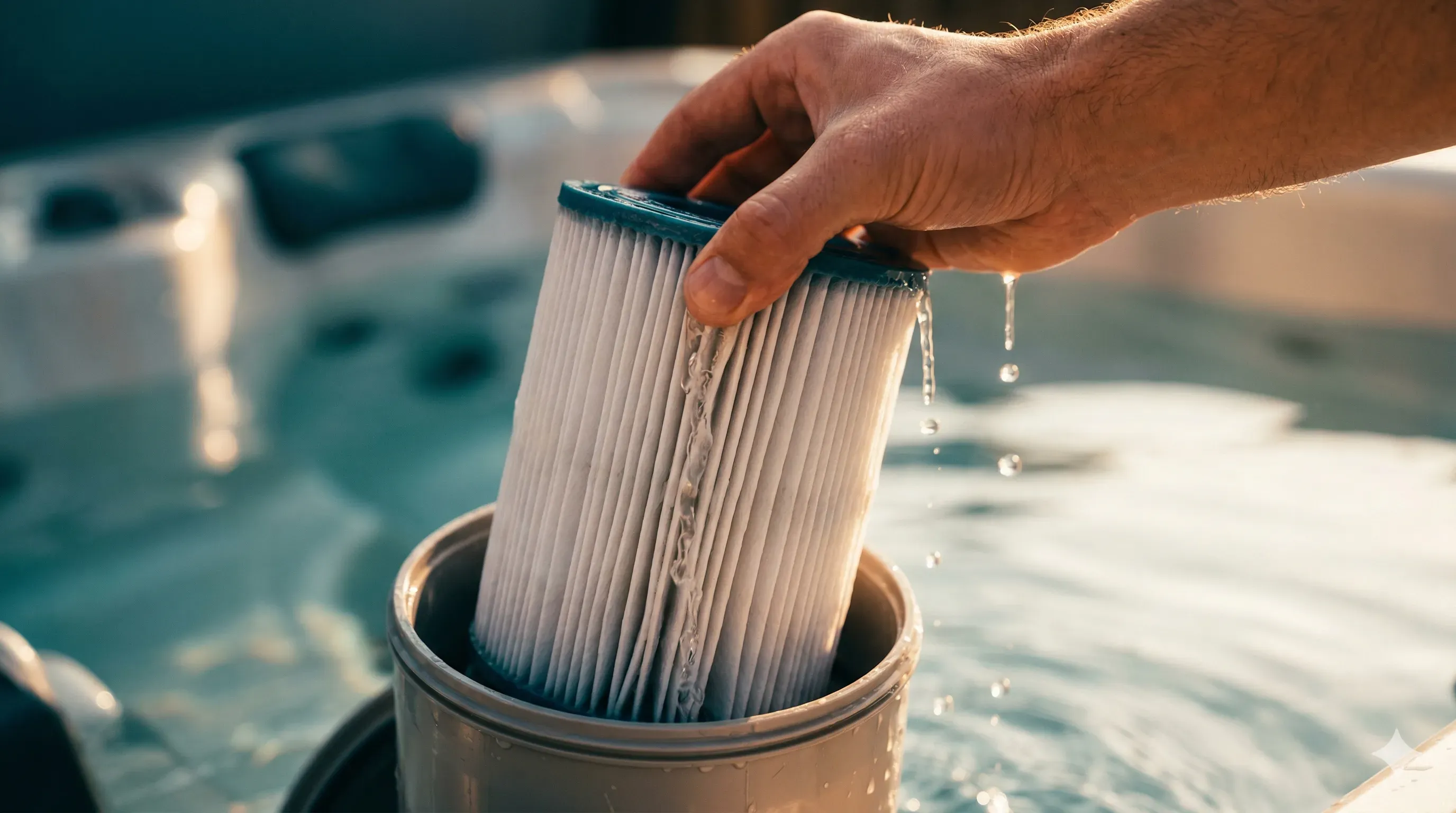 Hand pulling a hot tub filter cartridge from its housing with water dripping in warm afternoon light