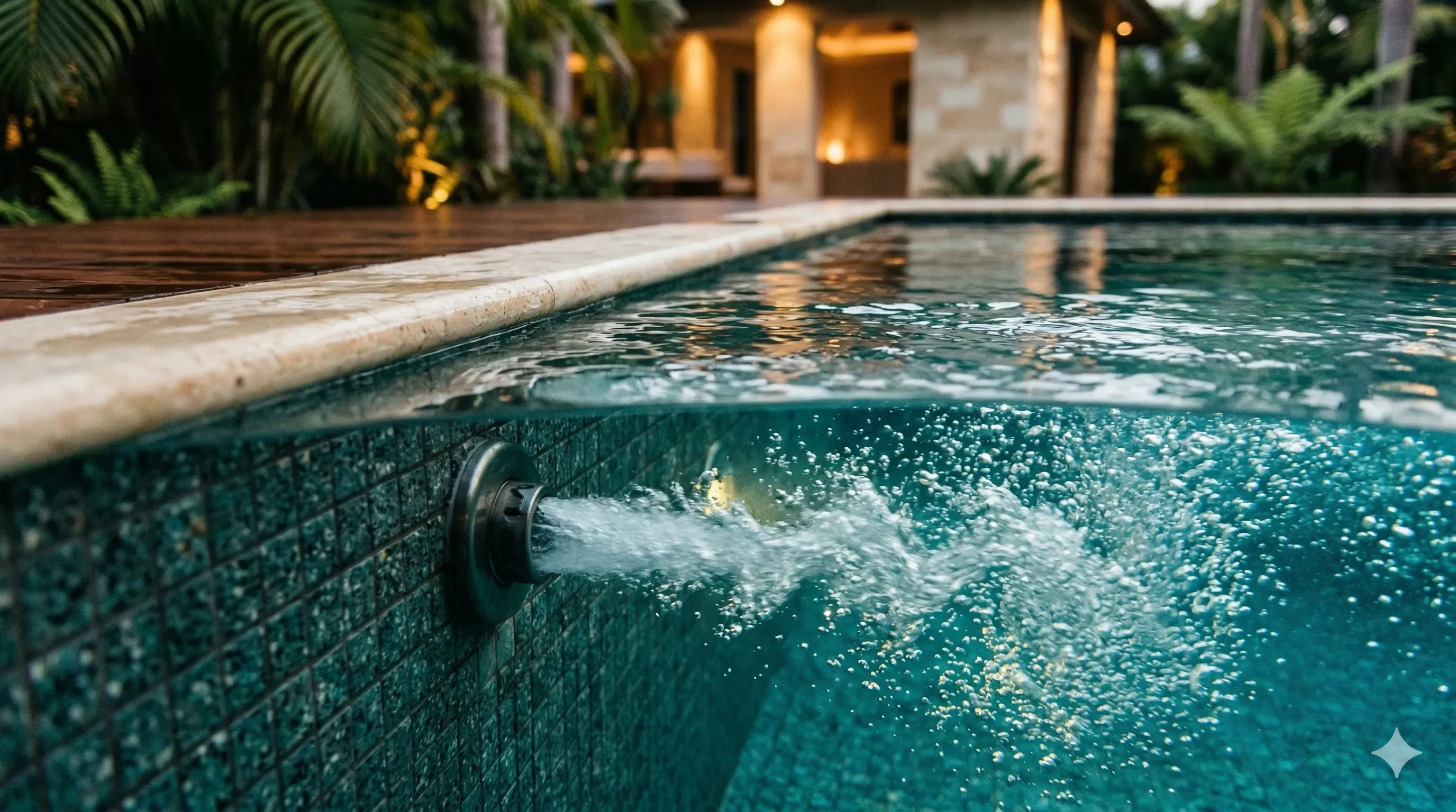 Hot tub jets running with foam and debris on the water surface during a plumbing flush