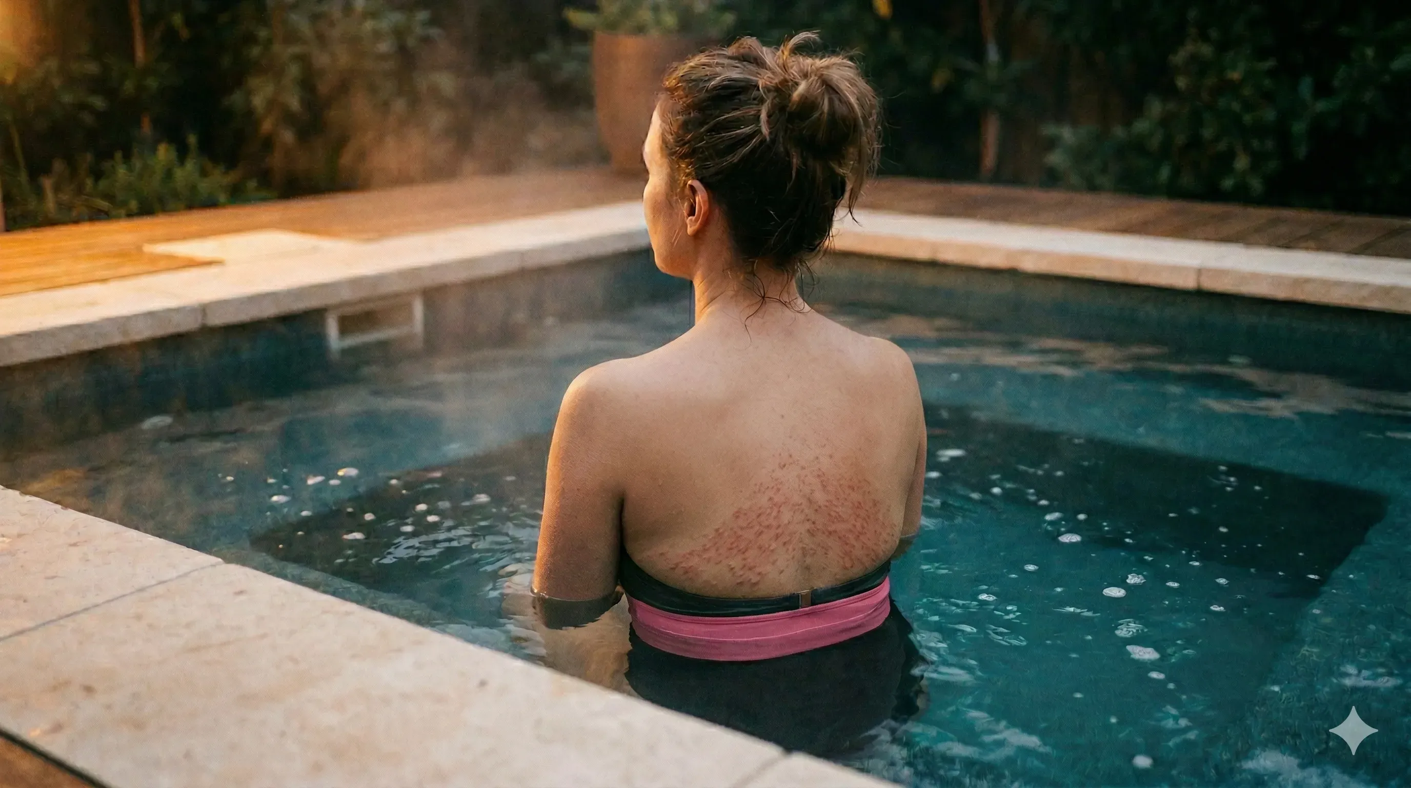 Clean hot tub water with warm lighting and testing supplies nearby