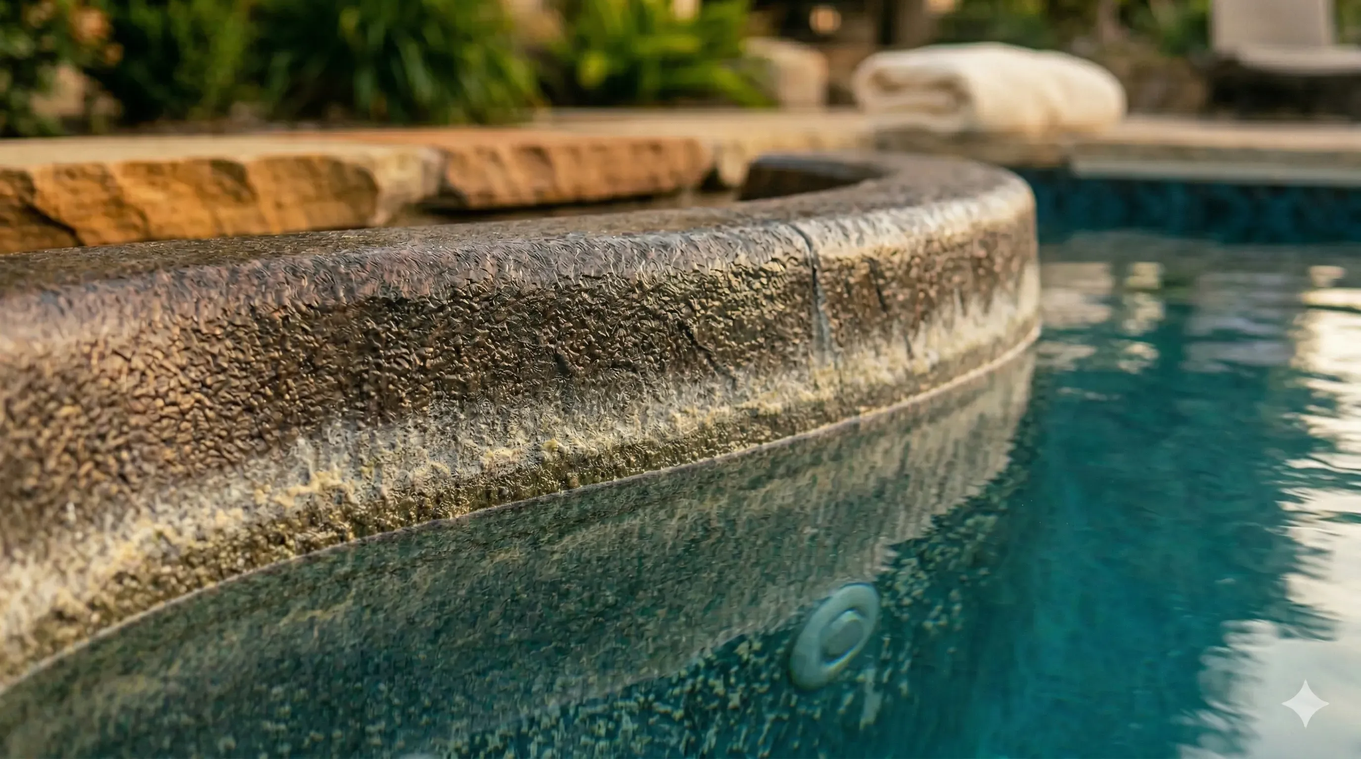 Close-up of hot tub water surface with warm teal tones and soft lighting