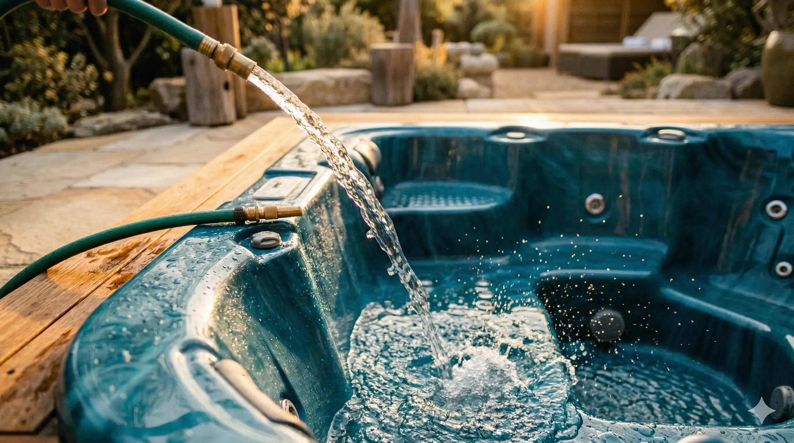 Fresh water flowing into a clean hot tub shell with air bubbles catching golden sunlight