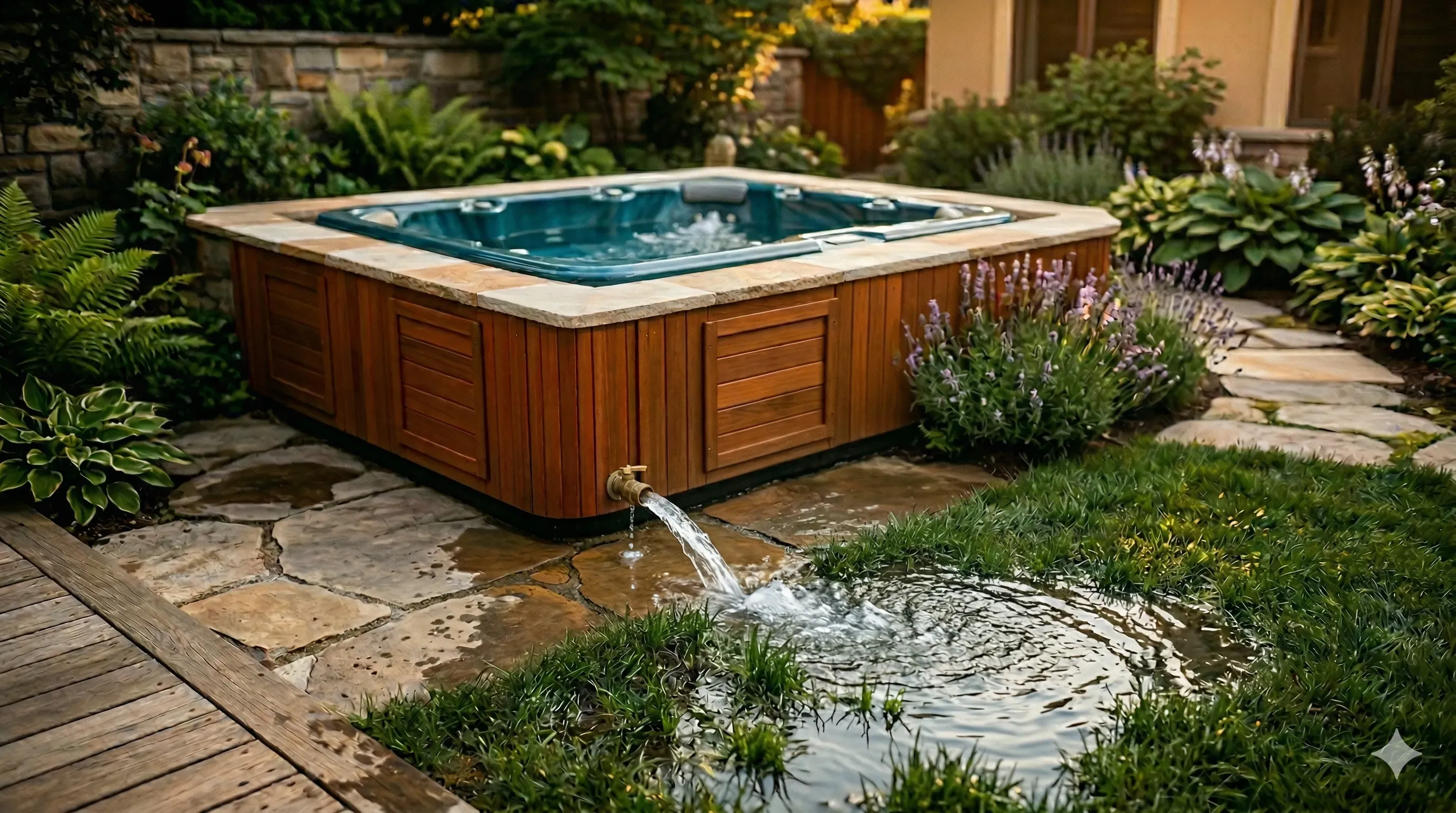Water draining from a hot tub through a hose onto grass in warm afternoon light