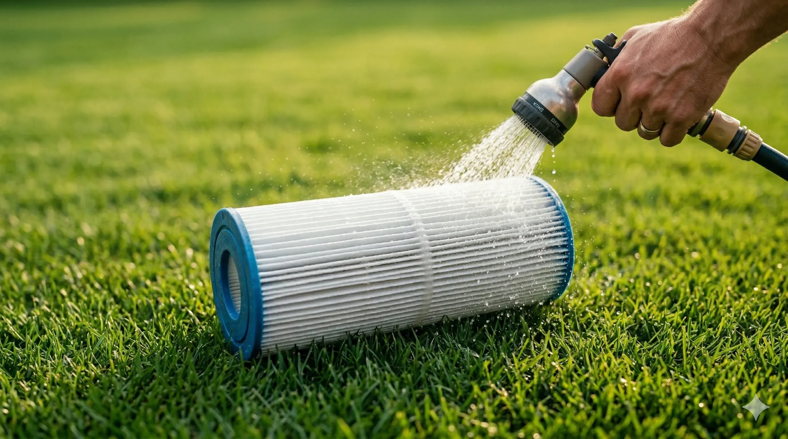 Hot tub filter cartridge being rinsed with a garden hose in warm light