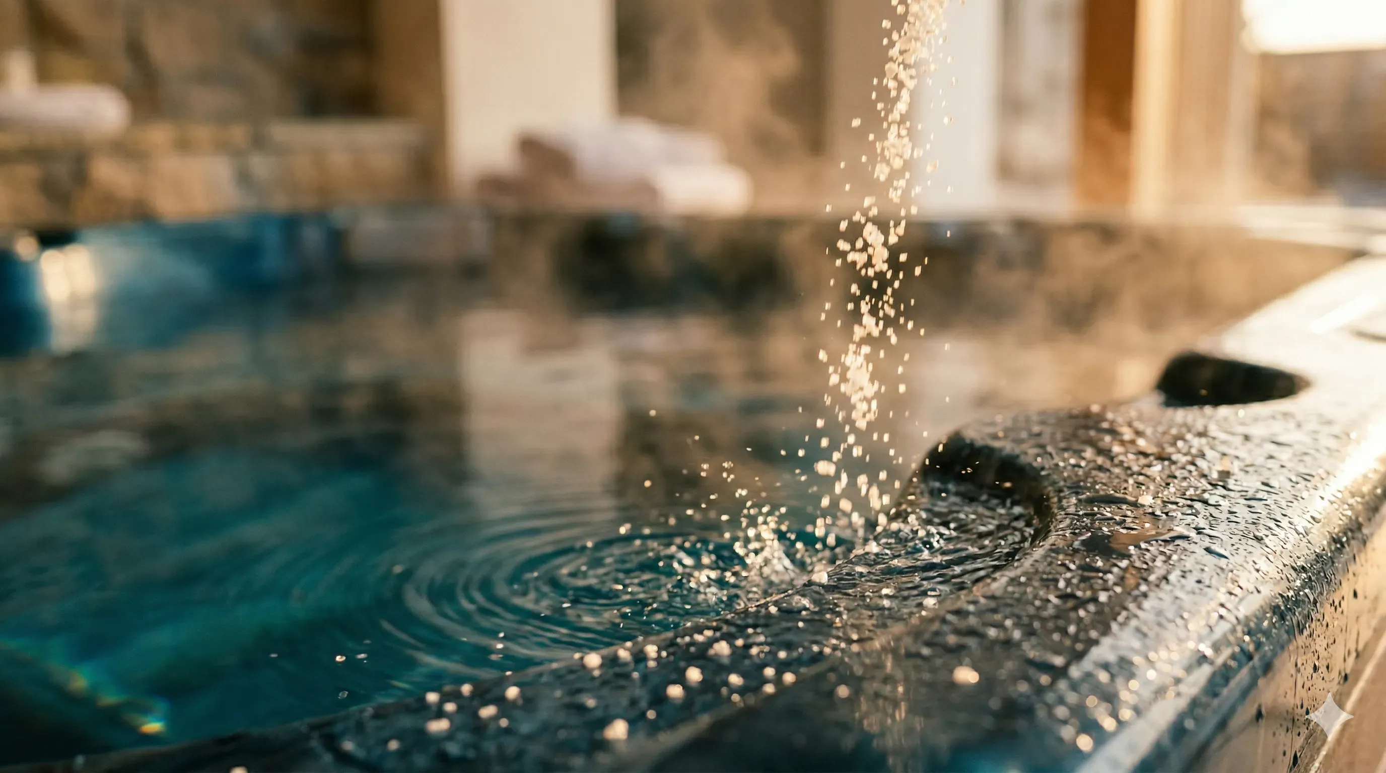 Test strip showing high bromine levels next to a hot tub